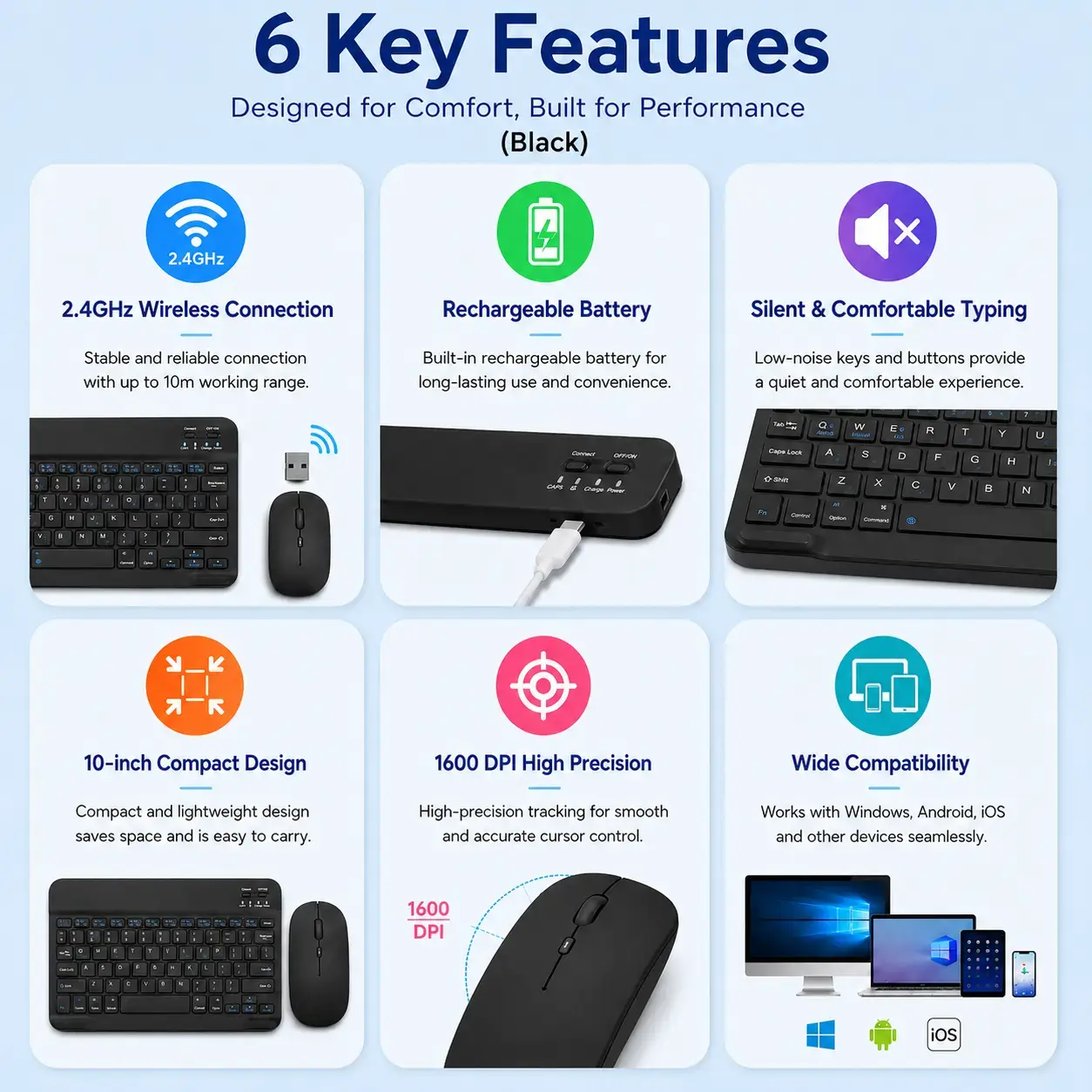 Black 10-Inch Bluetooth Wireless Keyboard & Rechargeable Mouse Combo – Slim Multi-Device Keyboard Set 3