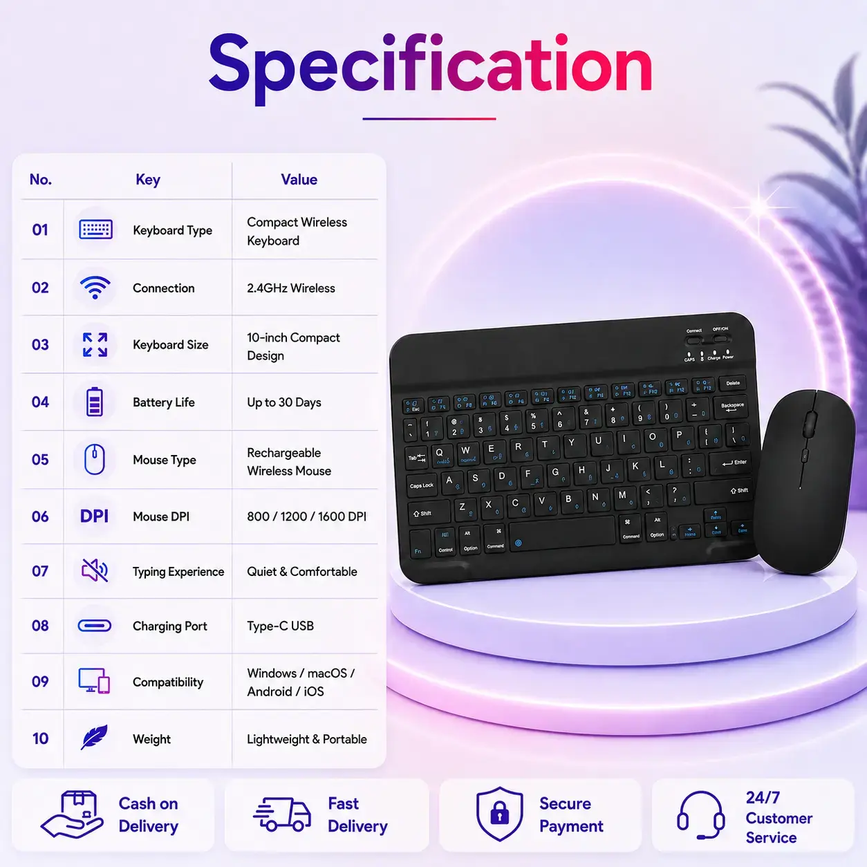 Black 10-Inch Bluetooth Wireless Keyboard & Rechargeable Mouse Combo – Slim Multi-Device Keyboard Set 4