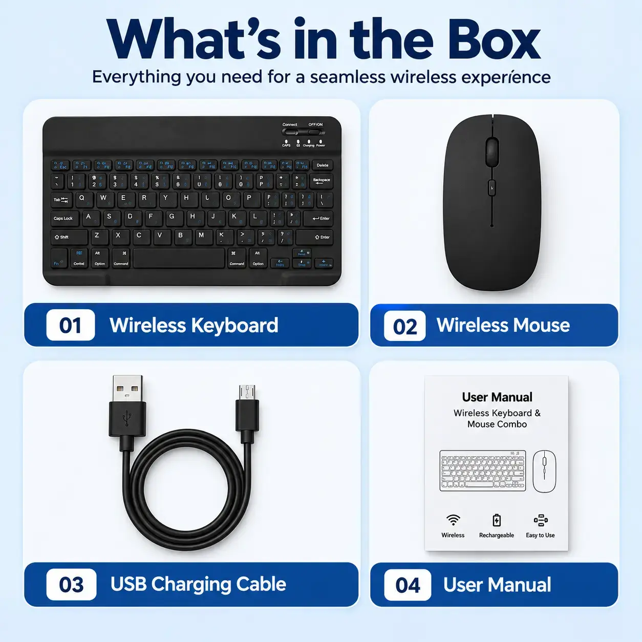 Black 10-Inch Bluetooth Wireless Keyboard & Rechargeable Mouse Combo – Slim Multi-Device Keyboard Set 5