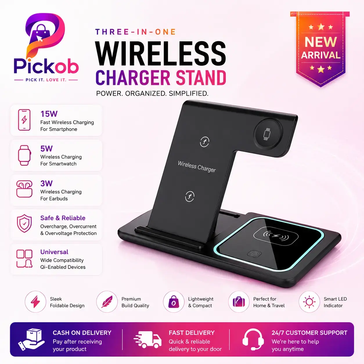 3-in-1 Wireless Charging Station – Fast Charging Stand for Phone, Smartwatch & Earbuds