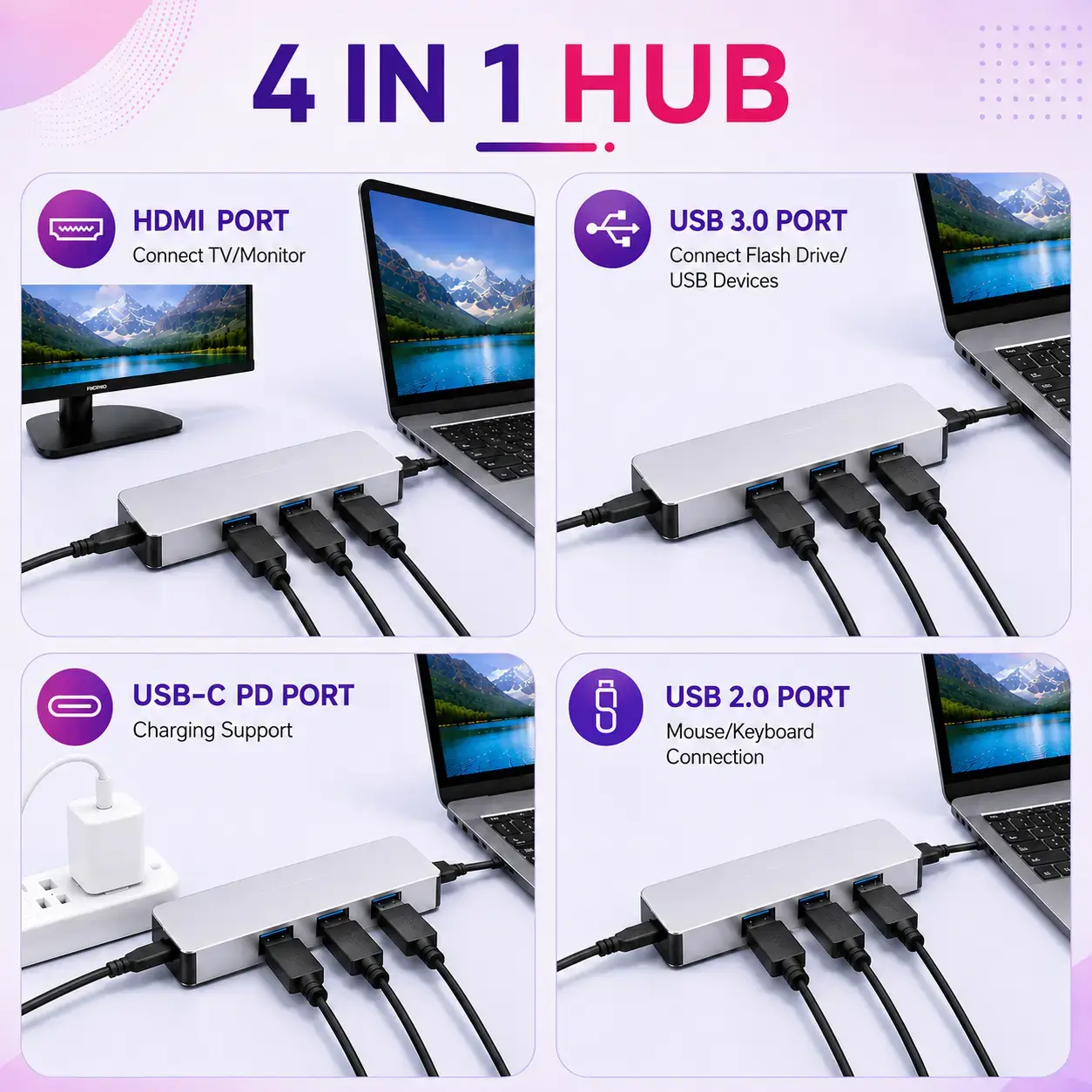4-in-1 Type-C USB Hub – Multiport USB 3.0 Data Hub 5