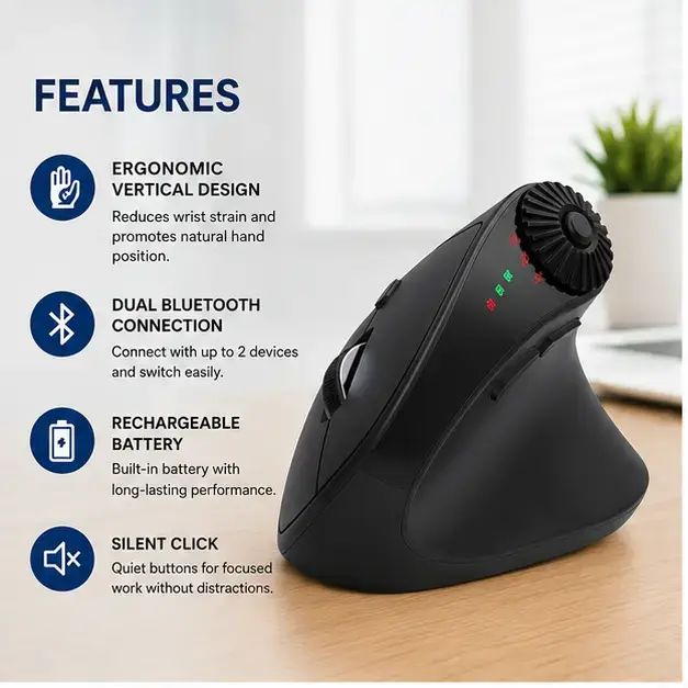Jomaa Vertical Wireless Bluetooth Rechargeable Mouse with Ergonomic Grip  4