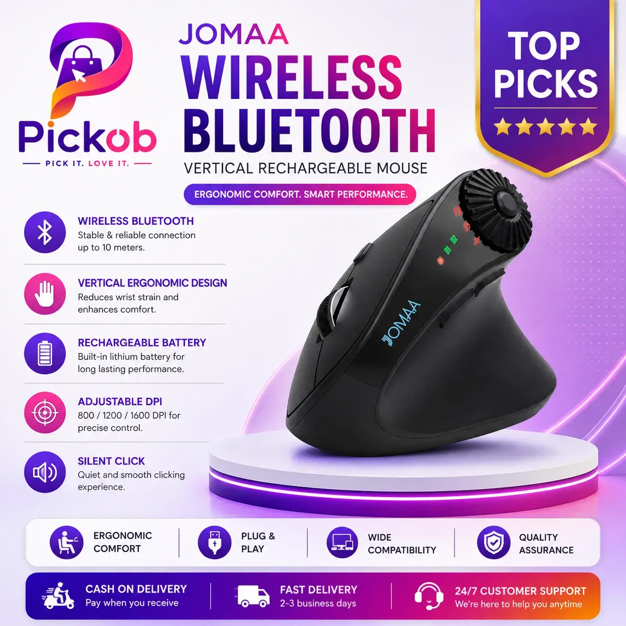 Jomaa Vertical Wireless Bluetooth Rechargeable Mouse with Ergonomic Grip 
