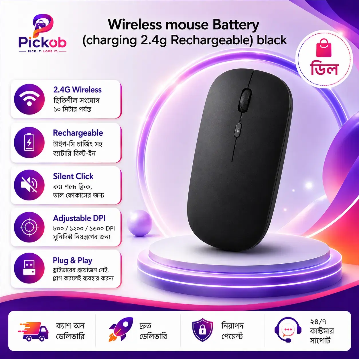 2.4G Rechargeable Wireless Mouse – Ergonomic Optical Mouse with USB Receiver, Black