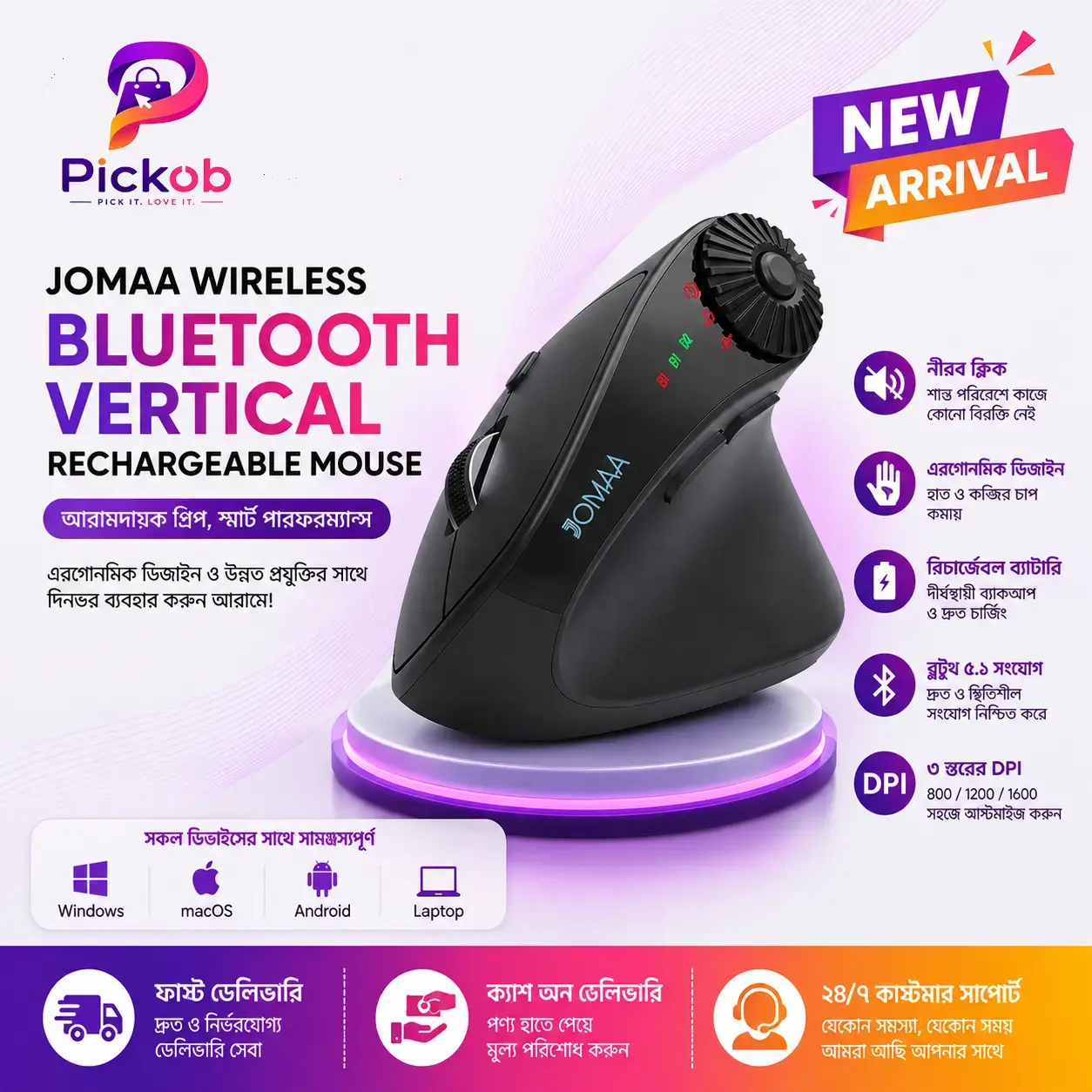 Jomaa Rechargeable Vertical Wireless Mouse with Bluetooth Ergonomic Grip 