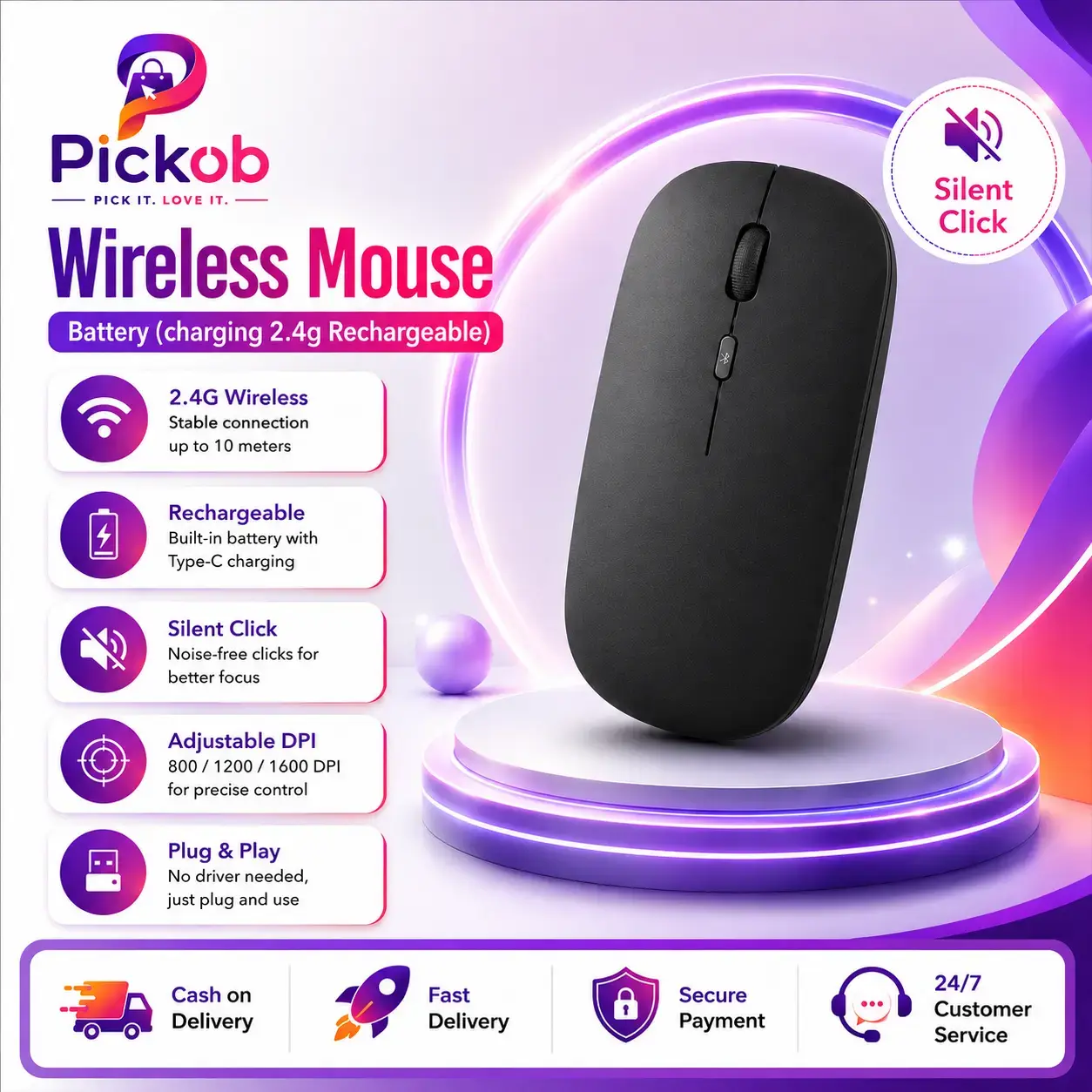 Rechargeable 2.4G Wireless Mouse – Ergonomic USB Optical Mouse for Laptop & Desktop