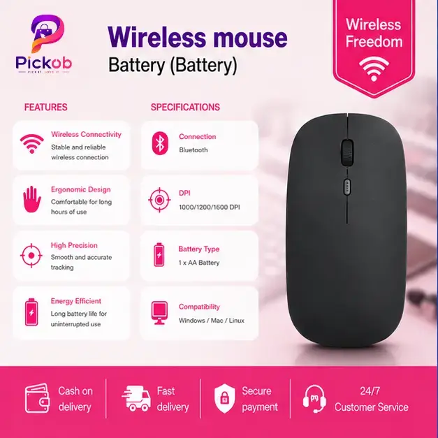 Wireless Mouse Battery Black – Comfortable Battery-Powered Mouse for Laptop, PC, Office & Study Use