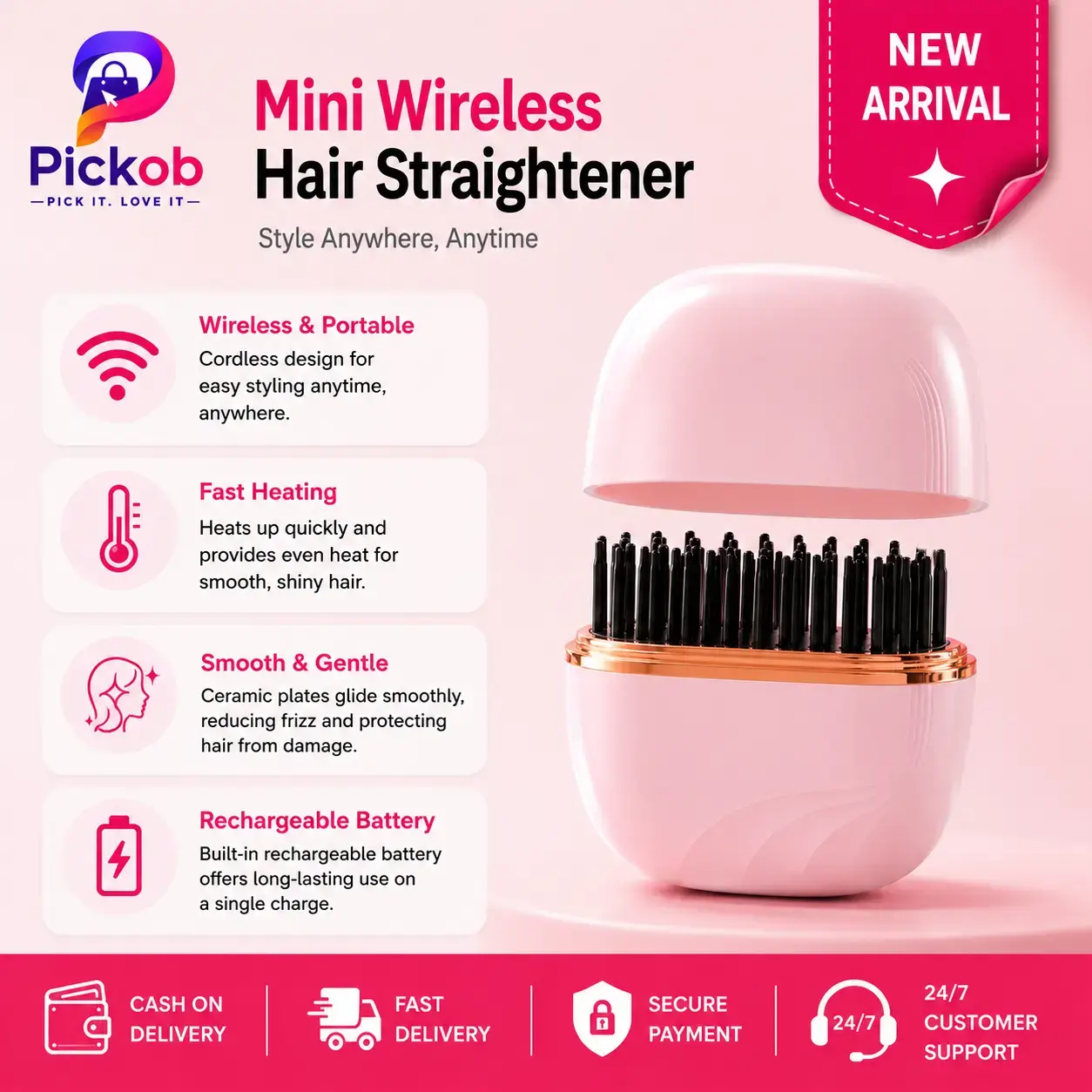 Mini Cordless Hair Straightening Brush Pink – Rechargeable Portable Hot Comb