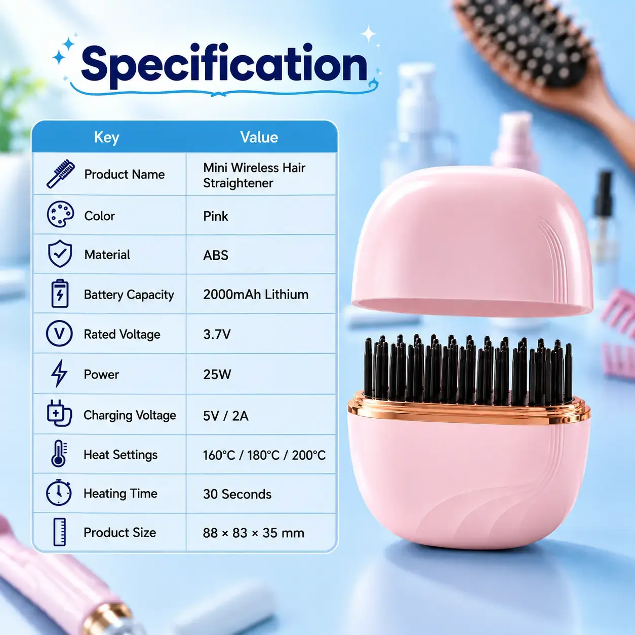 Mini Cordless Hair Straightening Brush Pink – Rechargeable Portable Hot Comb 4
