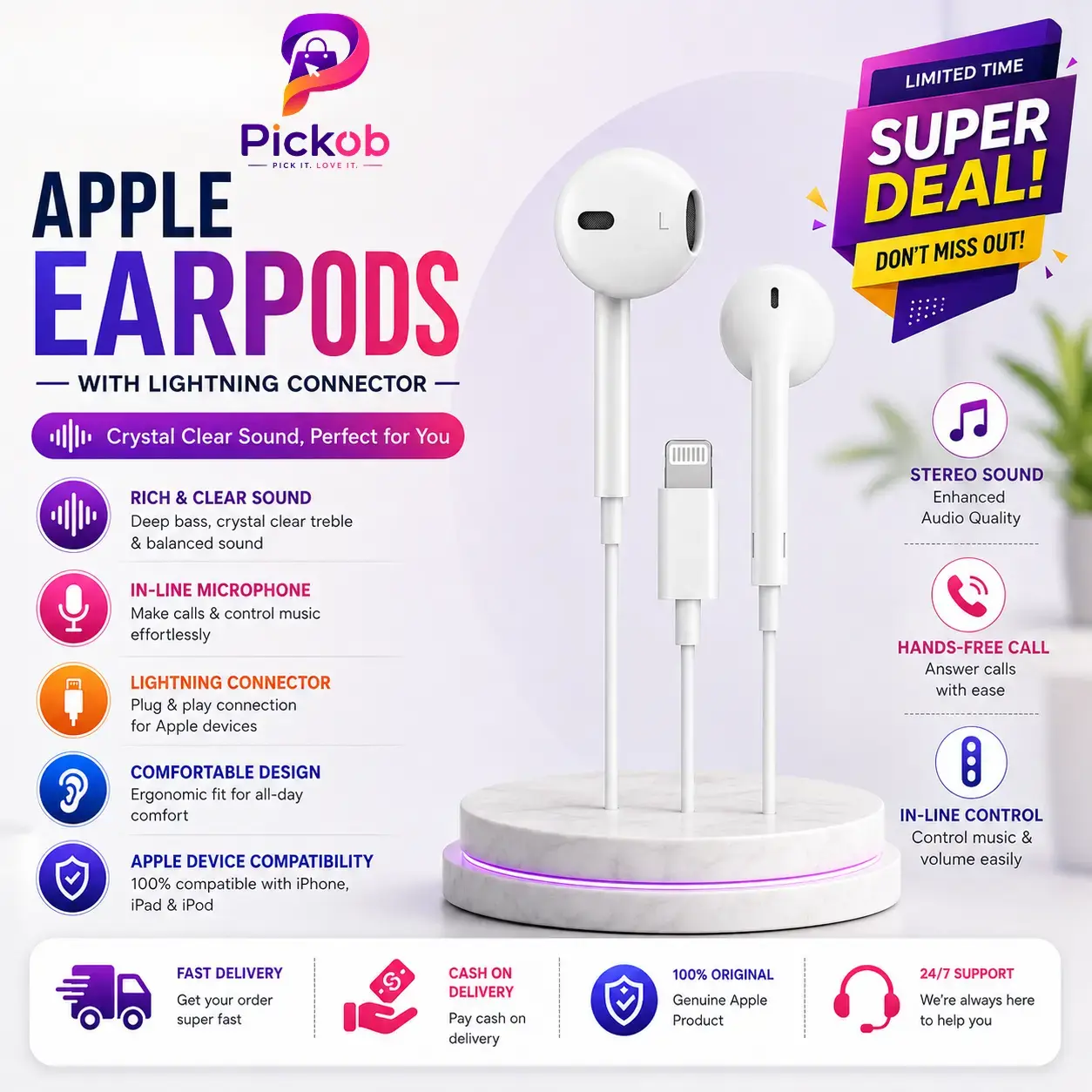 Apple Lightning EarPods Wired Headphones with Built-In Mic Remote for Music Calls and Video Streaming