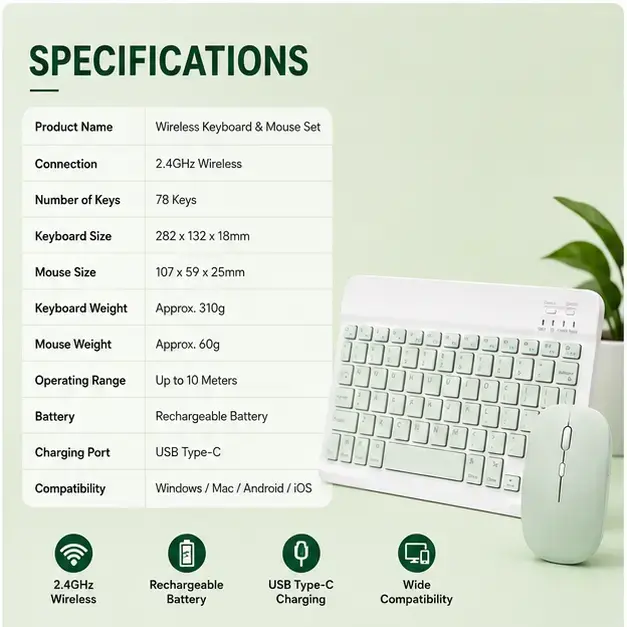 Green 10-Inch Slim Bluetooth Wireless Keyboard & Rechargeable Mouse Combo – Portable Multi-Device Set 3