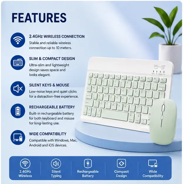 Green 10-Inch Slim Bluetooth Wireless Keyboard & Rechargeable Mouse Combo – Portable Multi-Device Set 4