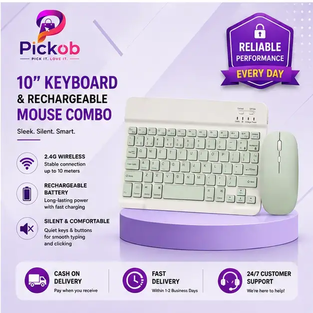 Green 10-Inch Slim Bluetooth Wireless Keyboard & Rechargeable Mouse Combo – Portable Multi-Device Set