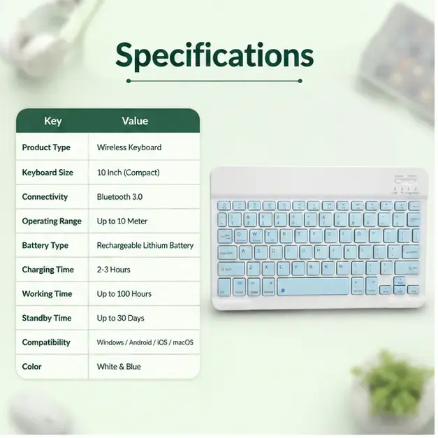 10 Inch Compact Wireless Keyboard Sky Blue – Rechargeable Portable Bluetooth Mini Keyboard 4