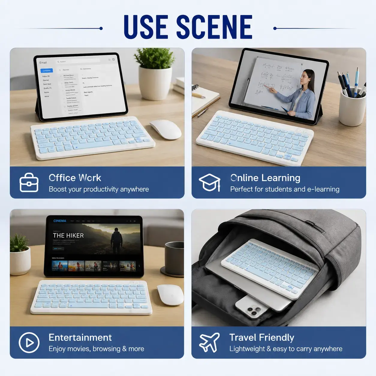 10 Inch Compact Wireless Keyboard Sky Blue – Rechargeable Portable Bluetooth Mini Keyboard 5