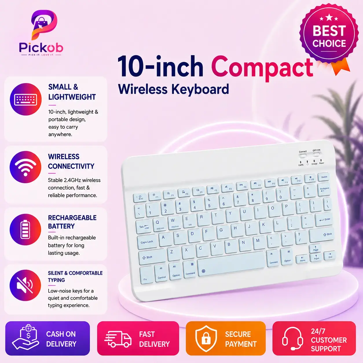 10 Inch Compact Wireless Keyboard Sky Blue – Rechargeable Portable Bluetooth Mini Keyboard