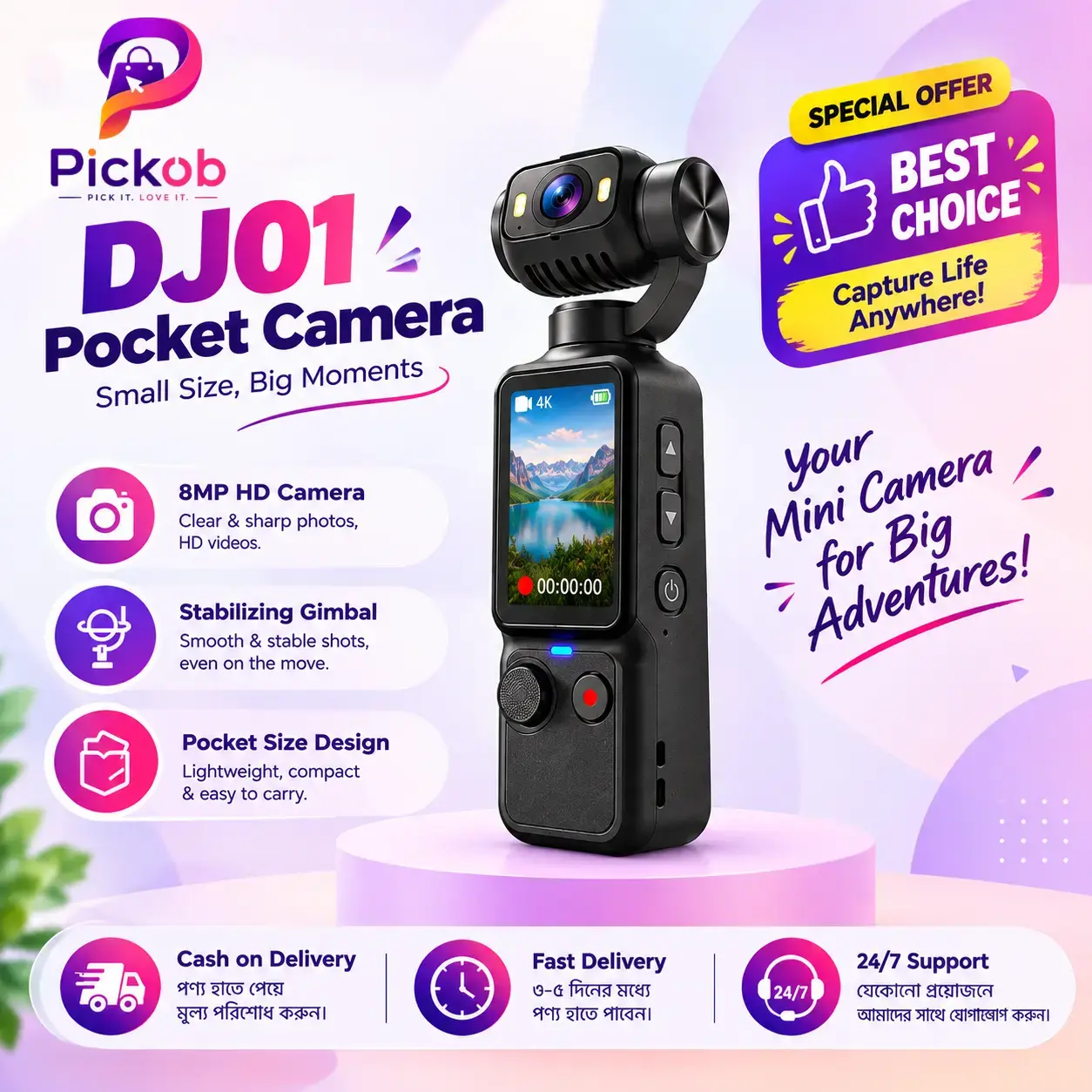 DJ01 Pocket Camera – 4K Mini Vlogging Camera with 360° Rotating Lens, Front Display & Portable Design